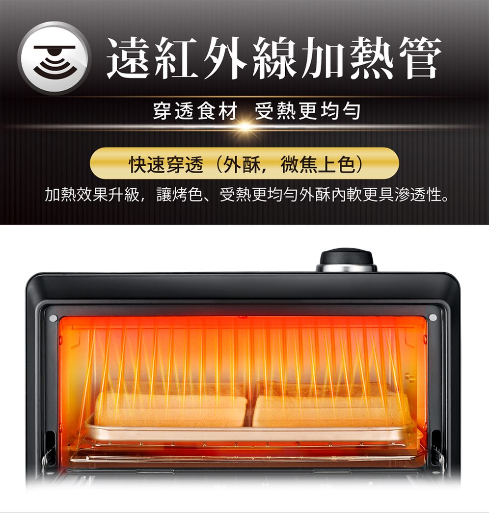 遠紅外線加熱管 穿透食材受熱更均勻 快速穿透外酥,微焦上色 加熱效果升級,讓烤色、受熱更均勻外酥內軟更具滲透性。