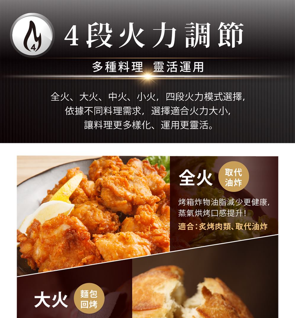 全火、大火、中火、小火,四段火力模式選擇,