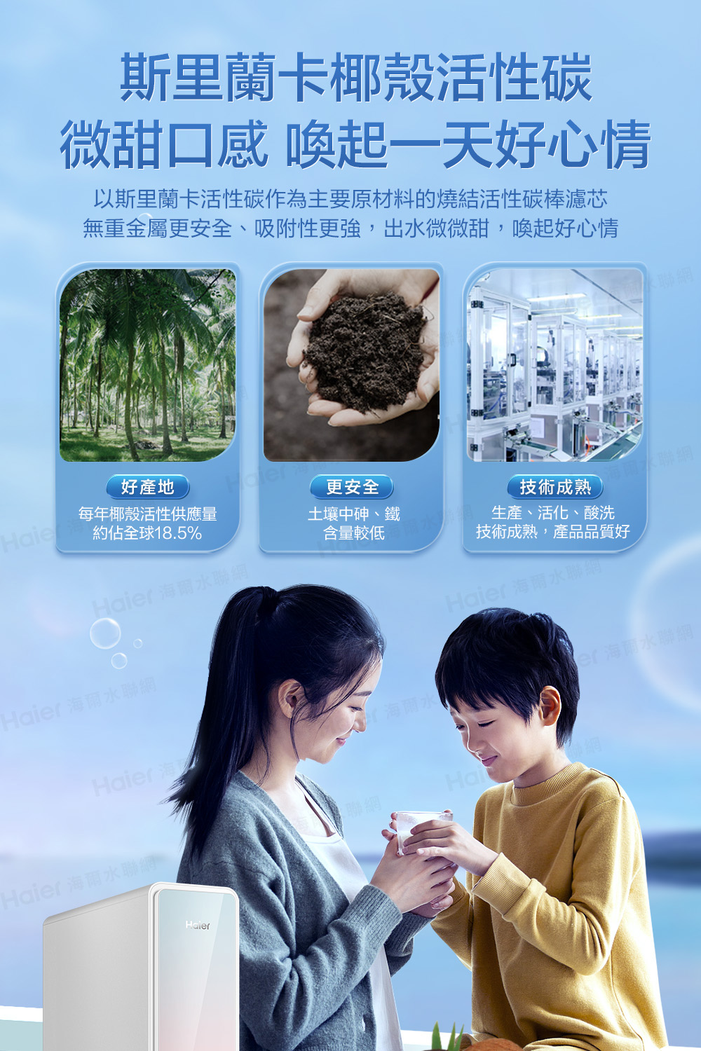 斯里蘭卡椰殼活性碳微甜口感 喚起一天好心情以斯里蘭卡活性碳作為主要原材料的燒結活性碳棒濾芯無重金屬更安全、吸附性更強,出水微微甜,喚起好心情好產地e每年椰殼活性供應量約佔全球18.5%更安全土壤中砷、鐵 水聯網Haier 海爾水聯網含量較低技術成熟生產、活化、酸洗技術成熟,產品品質好Haier 海爾水聯網Haier 海海爾水 海爾水聯網Haier 海爾水聯網HaierHai