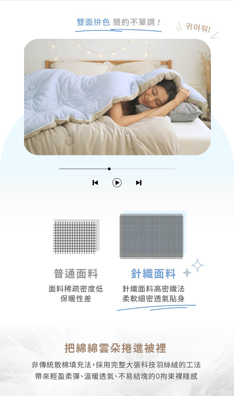 非傳統散棉填充法,採用完整大張科技羽絲絨的工法