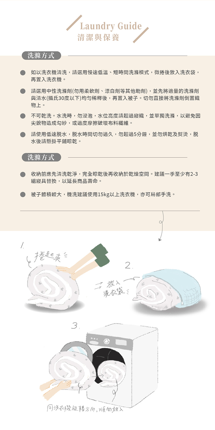 如以洗衣機清洗,請選用慢速低溫、短時間洗滌模式,微捲後放入洗衣袋,