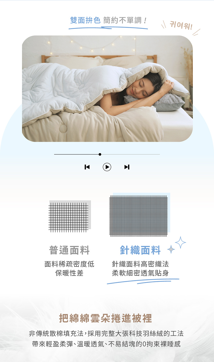 非傳統散棉填充法,採用完整大張科技羽絲絨的工法