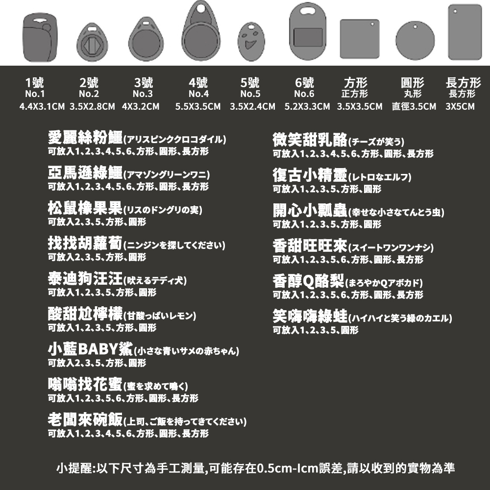4.4X3.1CM 3.5X2.8CM 4X3.2CM 5.5X3.5CM 3.5X2.4CM 5.2X3.3CM 3.5X3.5CM 直徑3.5CM