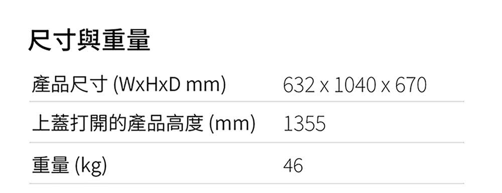 尺寸與重量 產品尺寸WxHxD mm 上蓋打開的產品高度 mm 重量kg
