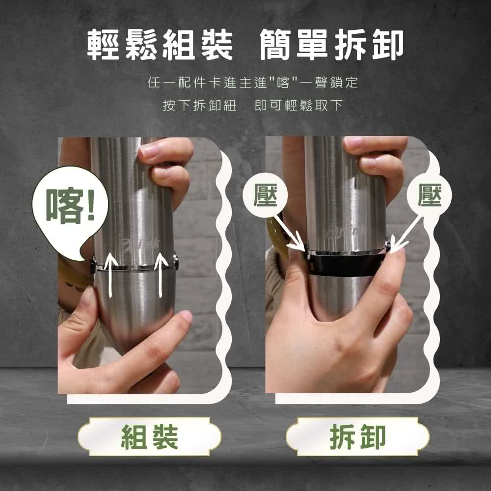輕鬆組裝 簡單拆卸 任一配件卡進主進喀一聲鎖定 按下拆卸紐 即可輕鬆取下 組裝 拆卸 