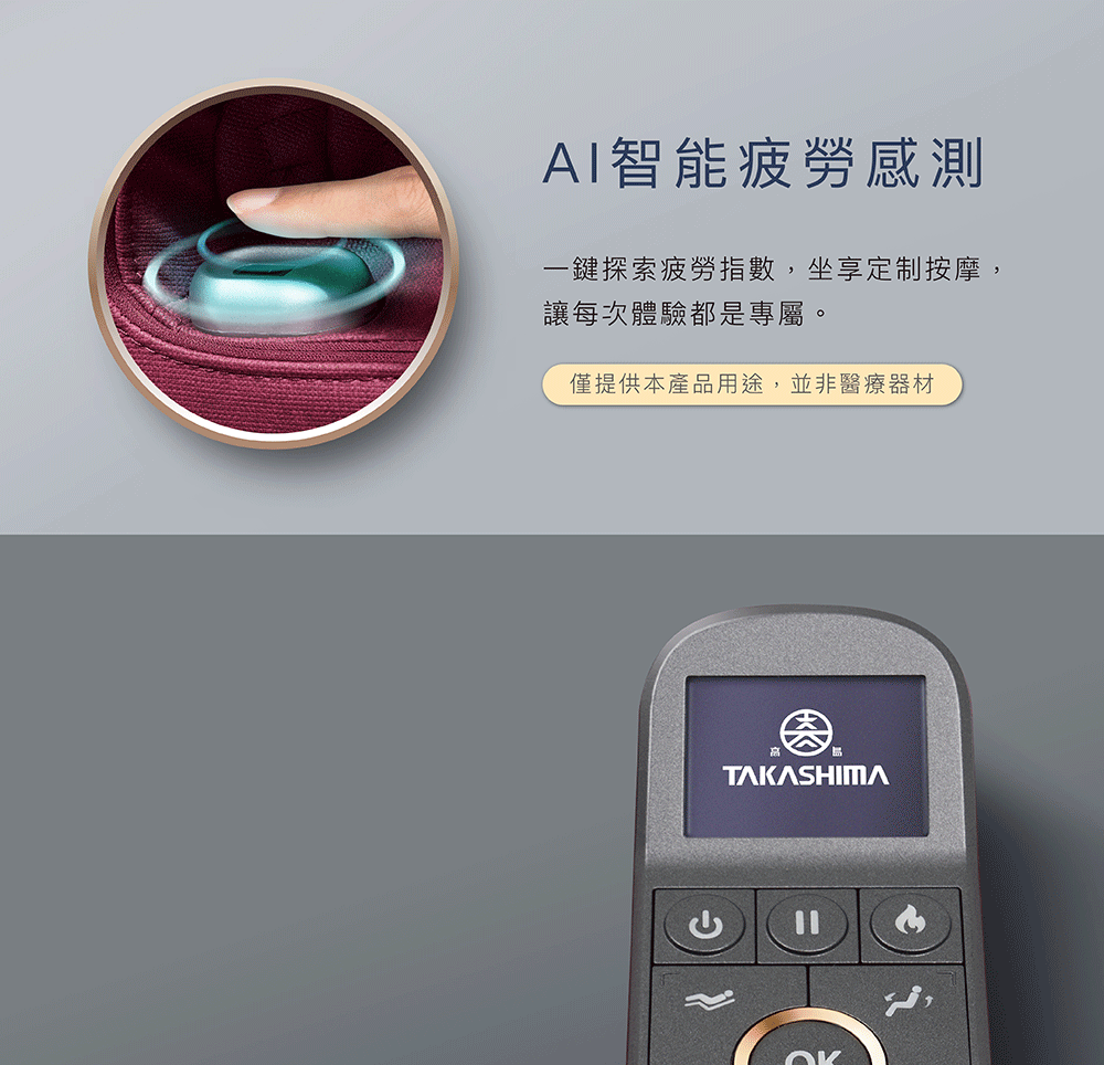 AI智能疲勞感測 一鍵探索疲勞指數,坐享定制按摩, 讓每次體驗都是專屬。 僅提供本產品用途,並非醫療器材 