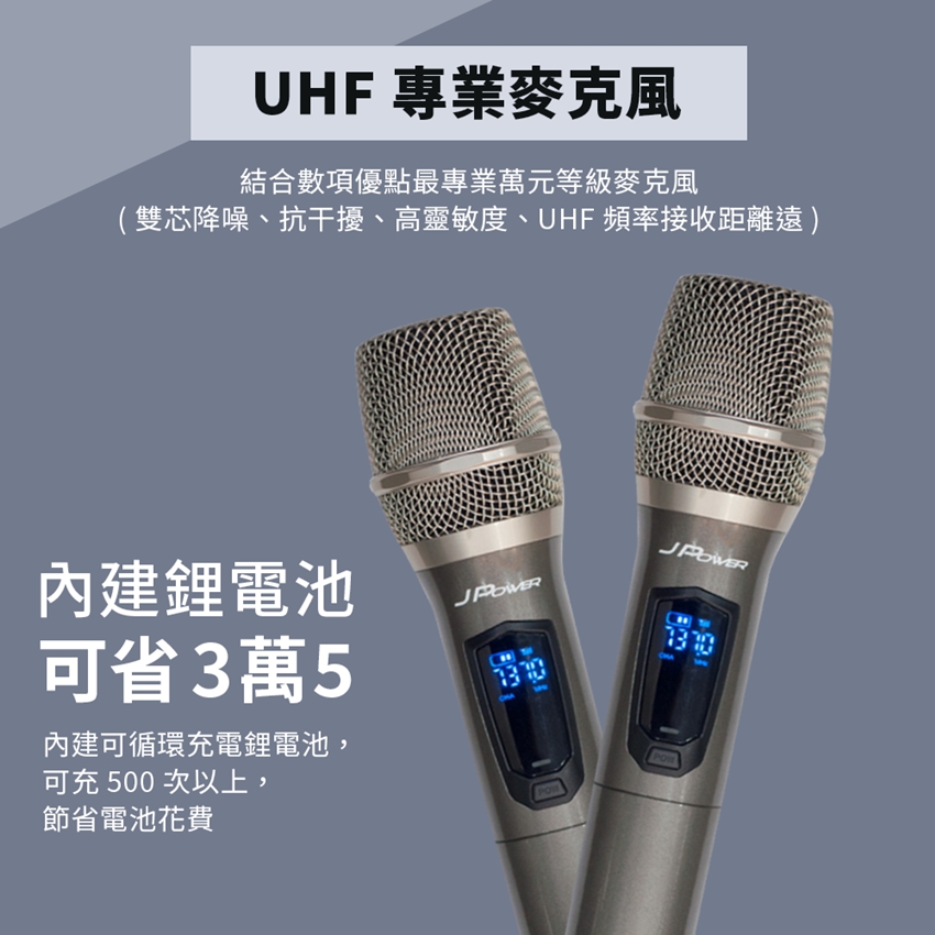 UHF 專業麥克風結合數項優點最專業萬元等級麥克風(雙芯降噪、抗干擾、高靈敏度、UHF 頻率接收距離遠)內建鋰電池可省3萬5內建可循環充電鋰電池,可充500次以上,節省電池花費
