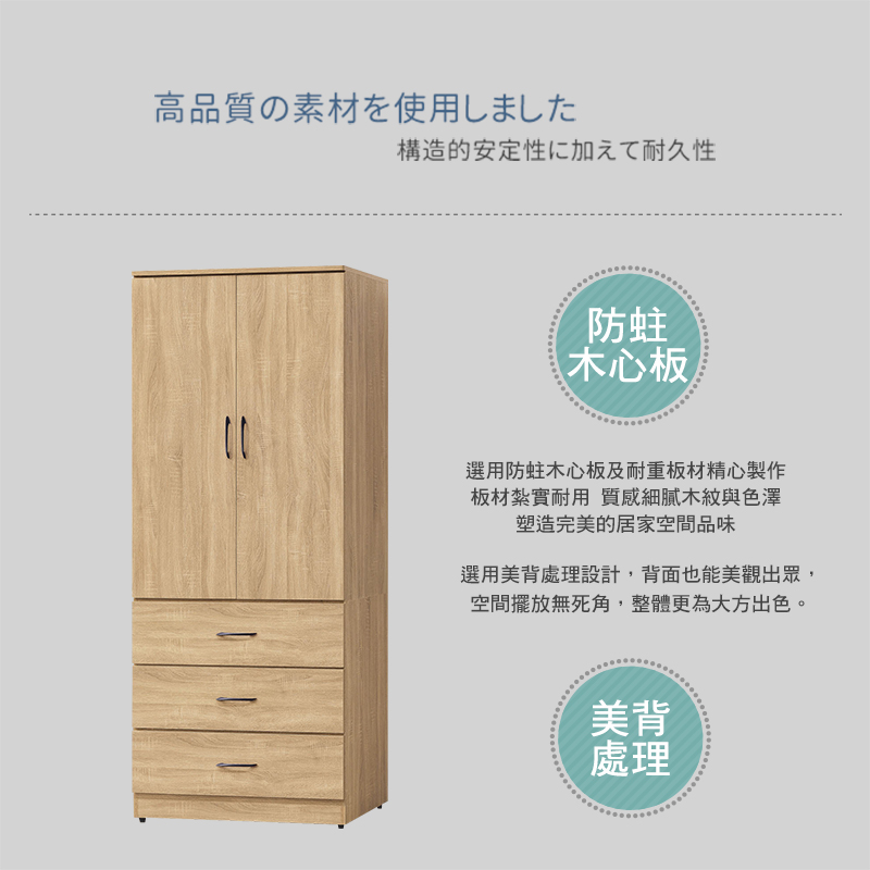 BODEN 洛寧2.7尺二門三抽衣櫃(單吊桿) 推薦