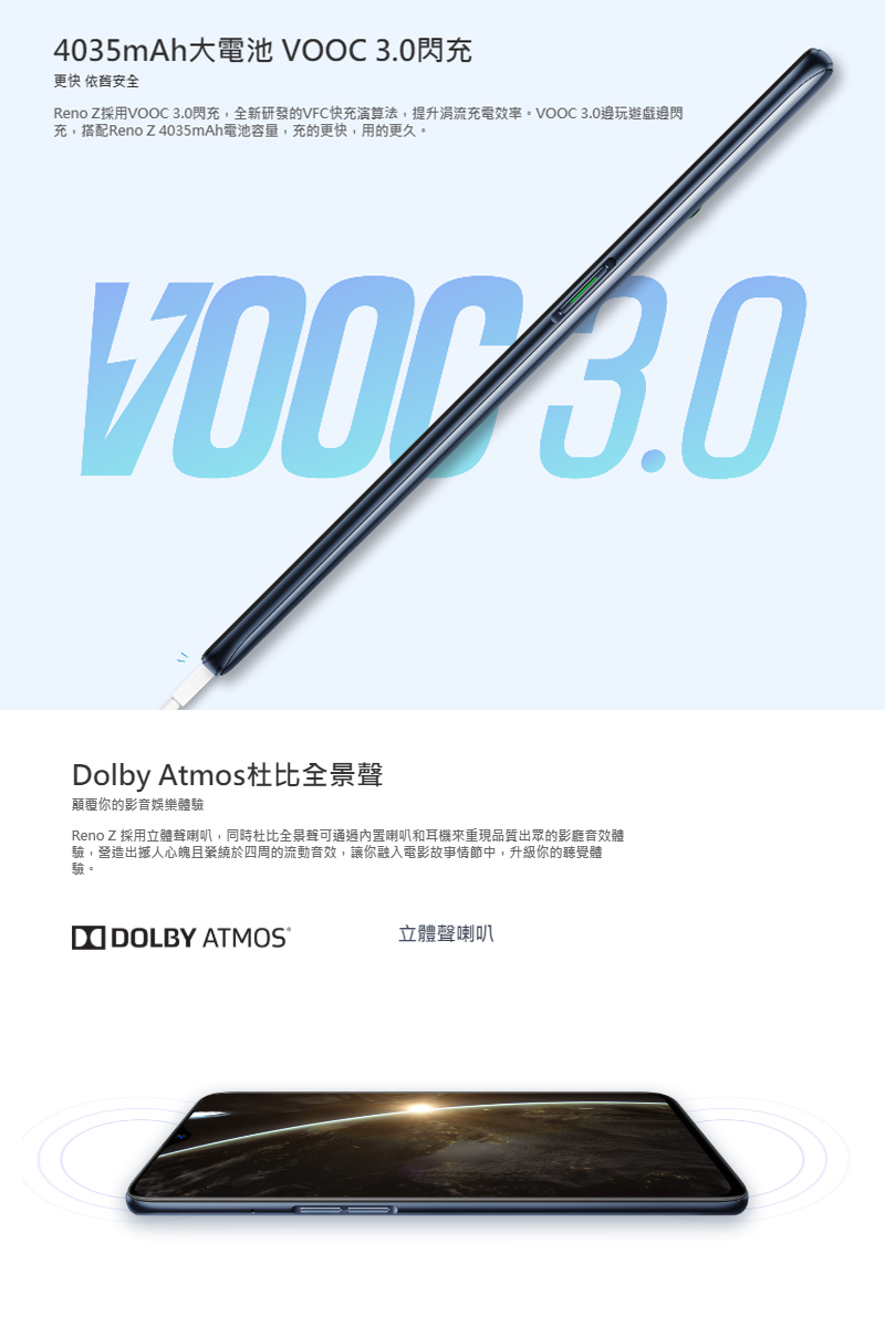Reno Z採用VOOC 3.0閃充,全新研發的VFC快充演算法,提升涓流充電效率。VOOC 3.0追玩遊戲邊閃