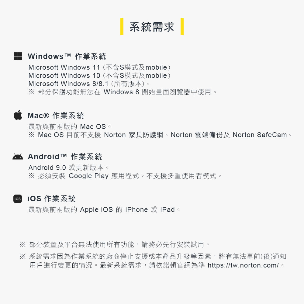 Mac OS 目前不支援 Norton 家長防護網、Norton 雲端備份及 Norton SafeCam。