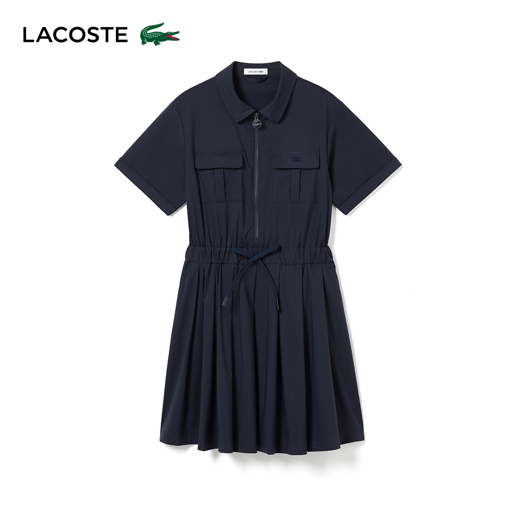 LACOSTE 母親節首選女裝-造型收腰百折短袖洋裝(海軍藍