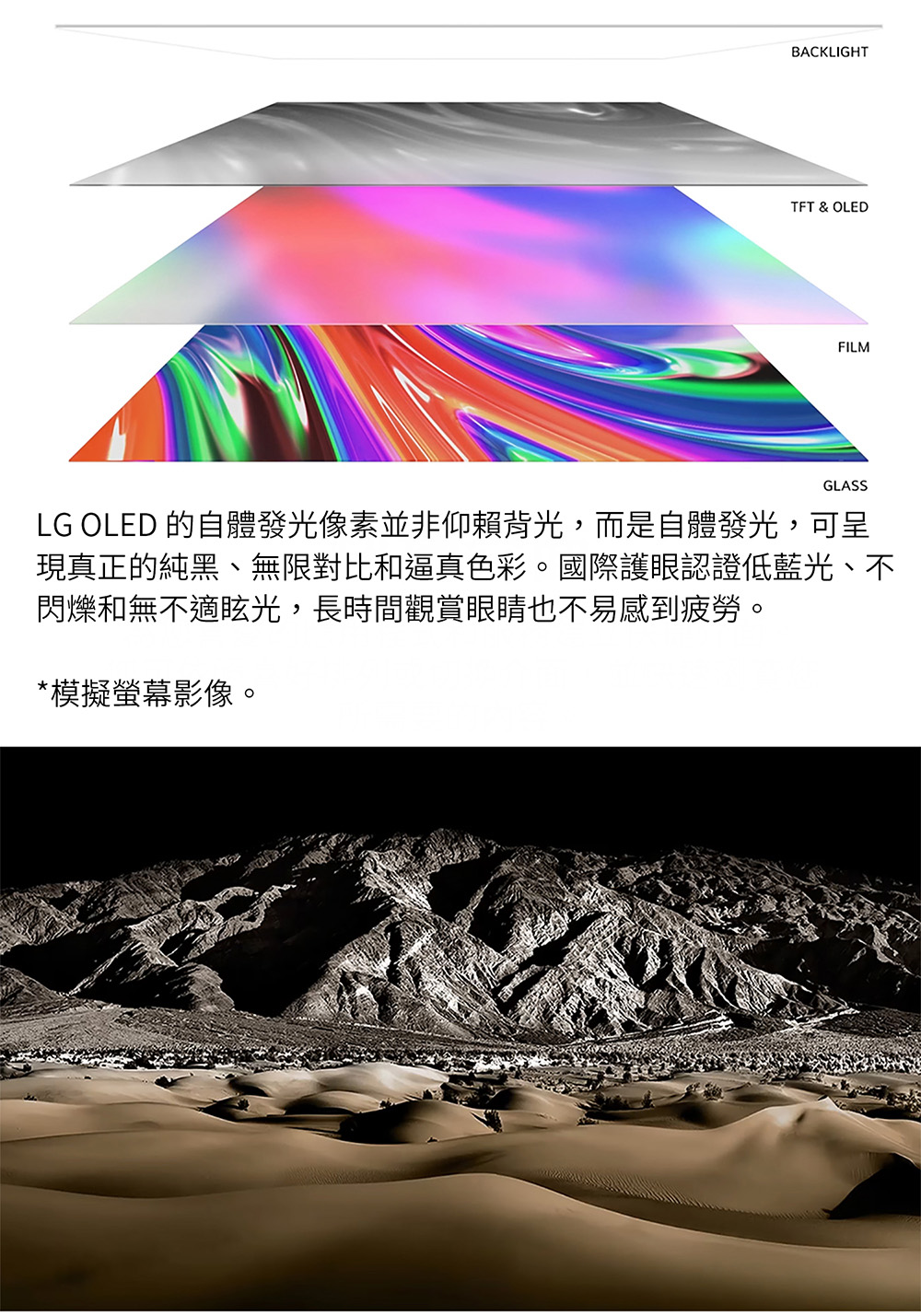 LG OLED 的自體發光像素並非仰賴背光,而是自體發光,可呈 現真正的純黑、無限對比和逼真色彩。國際護眼認證低藍光、不 閃爍和無不適眩光,長時間觀賞眼睛也不易感到疲勞。 模擬螢幕影像。
