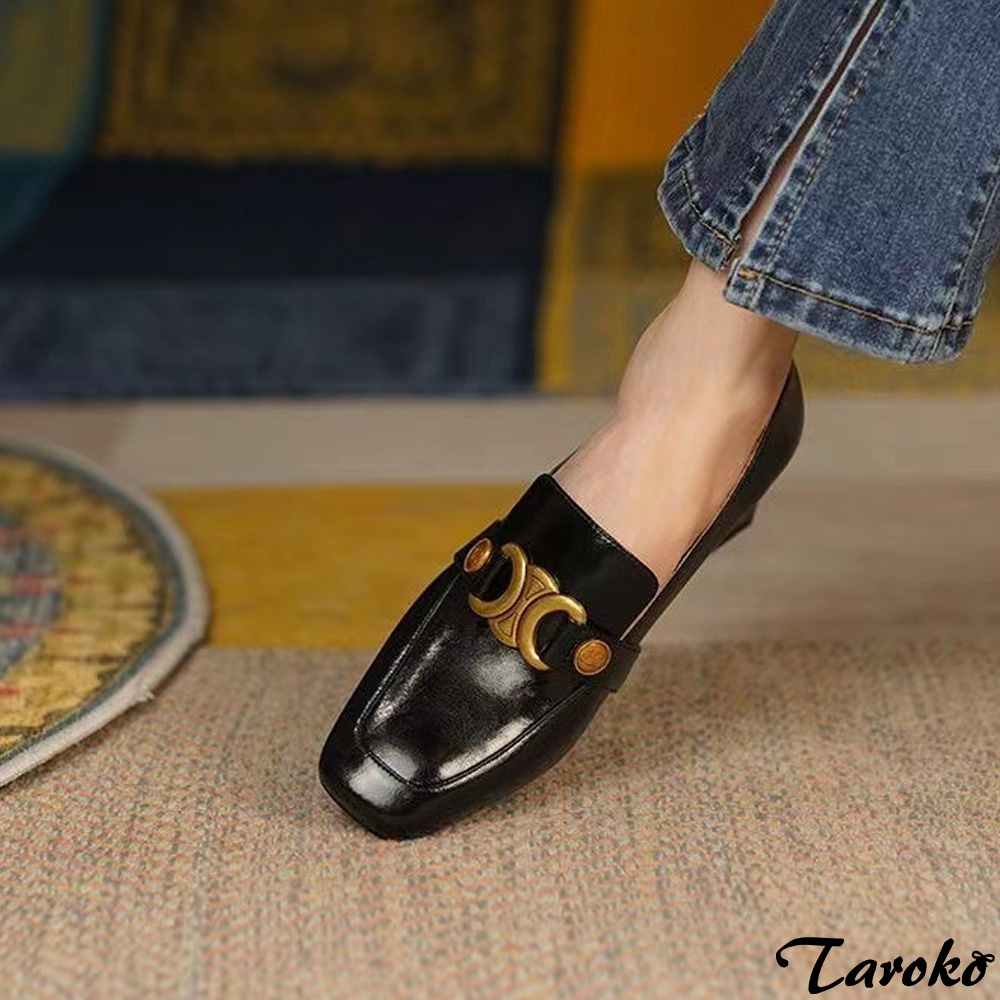 Taroko 金屬扣飾復古風方頭粗跟樂福鞋(2色可選) 推薦