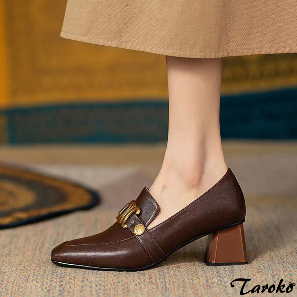 Taroko 金屬扣飾復古風方頭粗跟樂福鞋(2色可選) 推薦