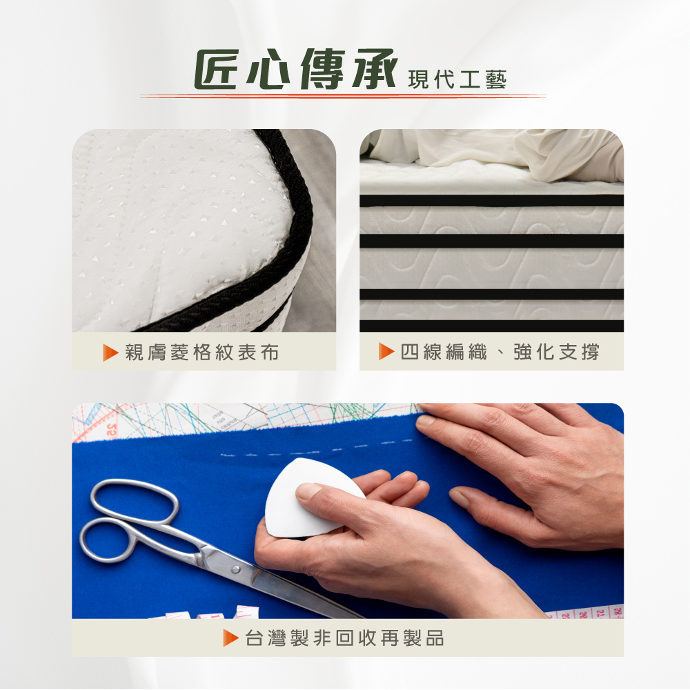 匠心傳承 現代工藝 親膚菱格紋表布 四線編織、強化支撐 台灣製非回收再製品 