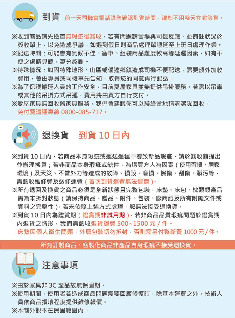 床墊因個人衛生問題,外層包裝切勿拆封,否則需另付整新費 1000元件。
