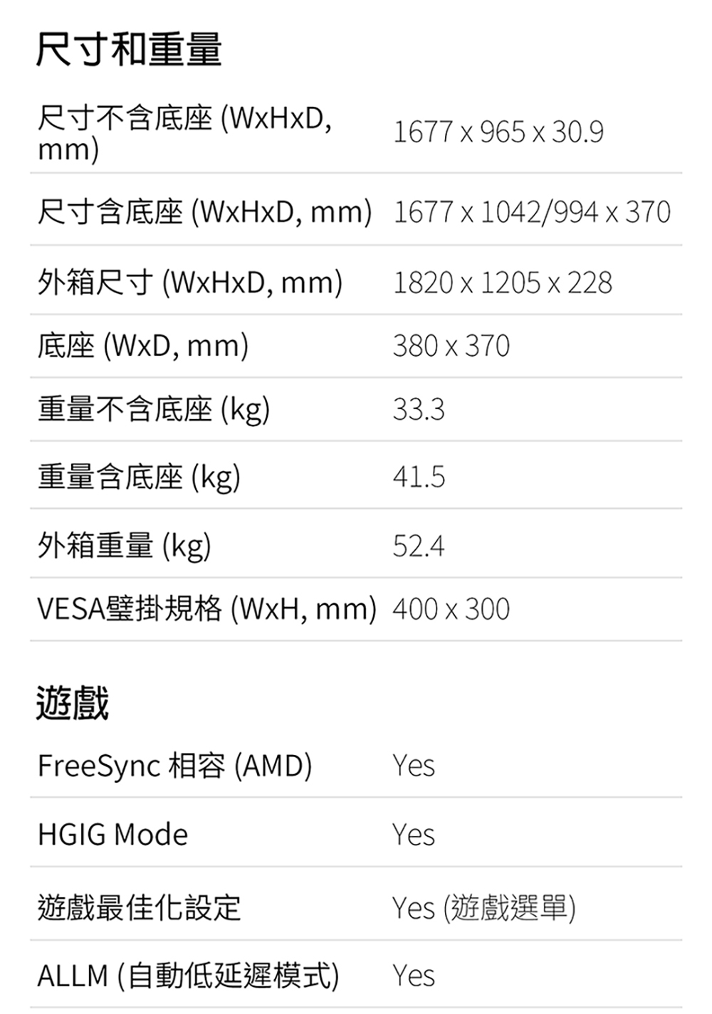 尺寸含底座 WxHxD, mm1677x1042994x370