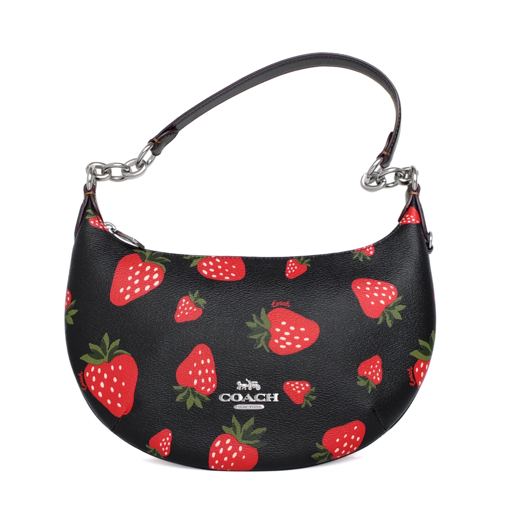 COACH 滿版紅色草莓圖印小款肩背半月包(黑色) 推薦