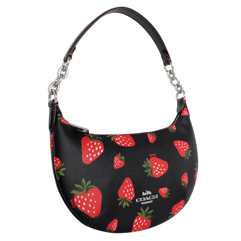COACH 滿版紅色草莓圖印小款肩背半月包(黑色) 推薦