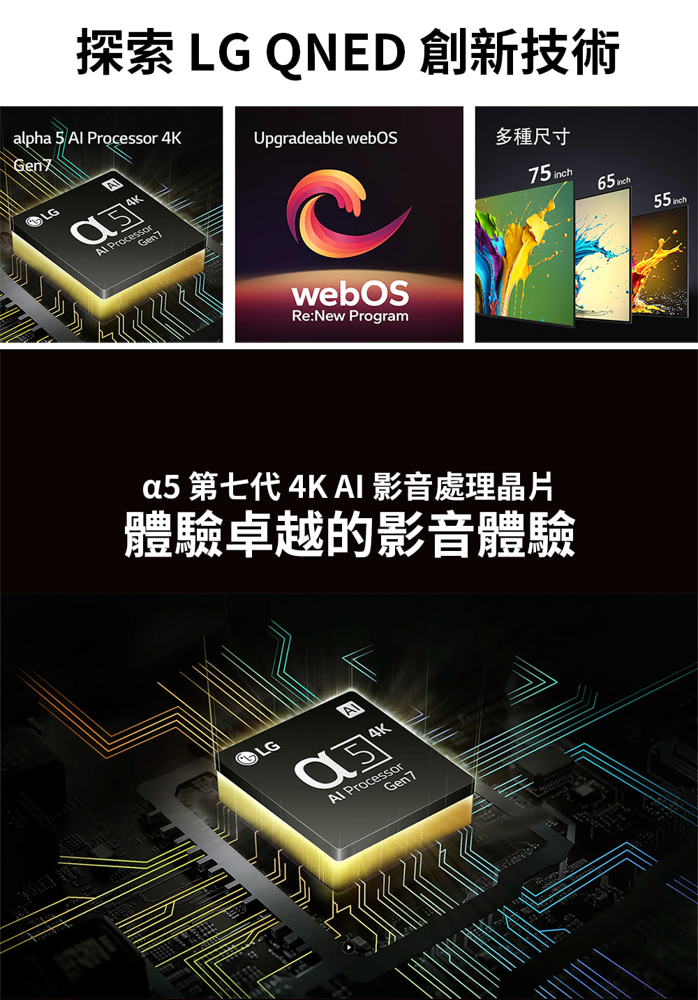 探索 LG QNED 創新技術 多種尺寸 a5 第七代 4K AI 影音處理晶片 體驗卓越的影音體驗