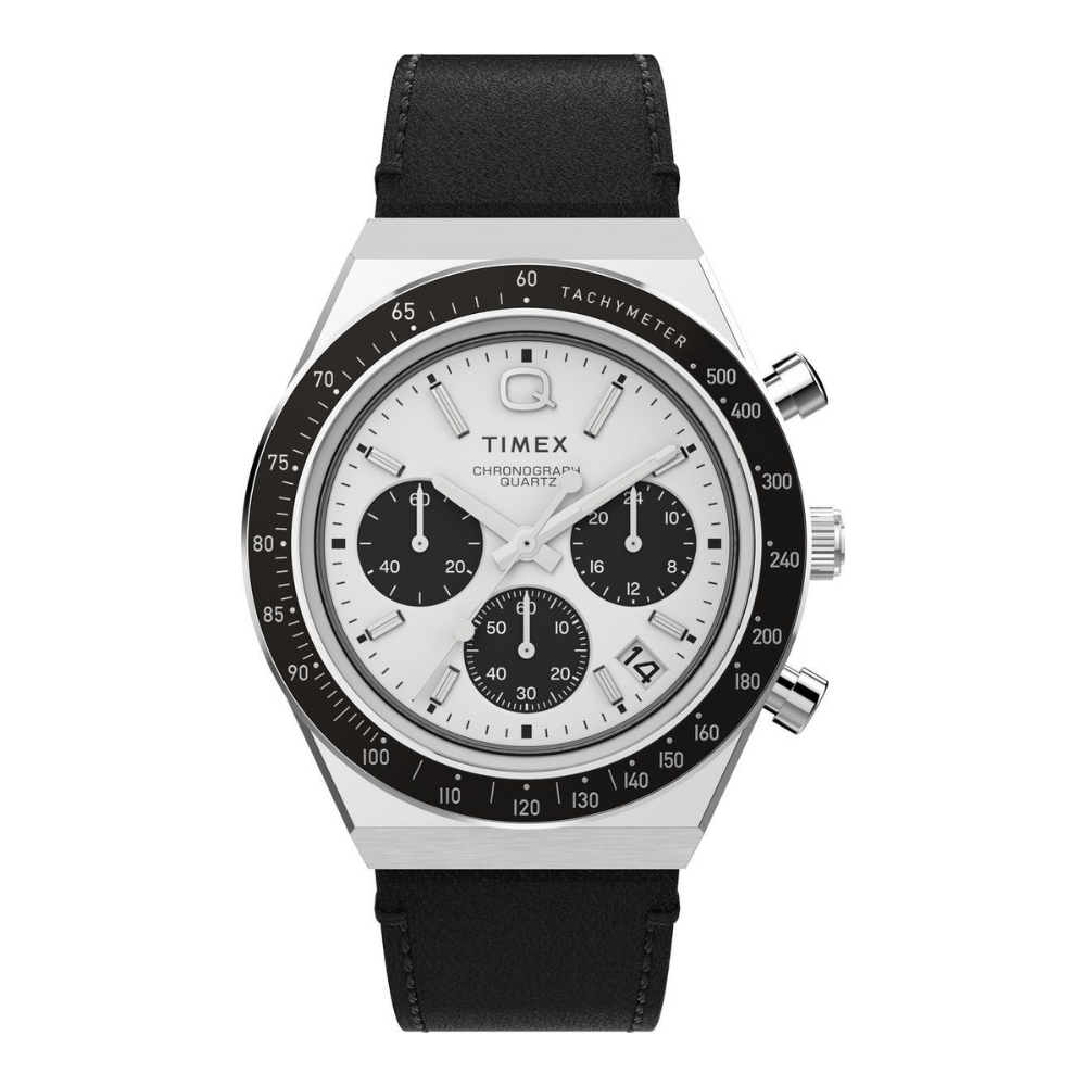 TIMEX QTimex 40毫米三眼計時皮革腕錶 白x黑 