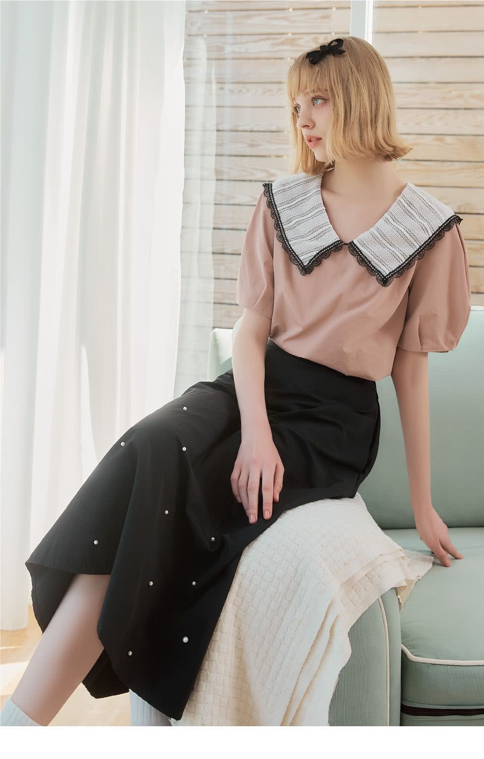 OUWEY 歐薇 甜美立體縫珍珠長裙(黑色；S-L；3242