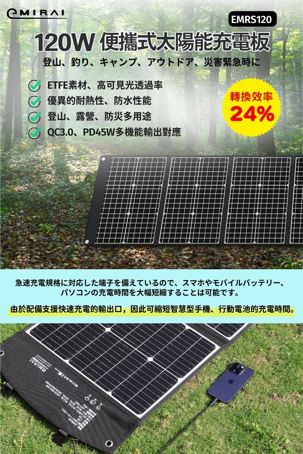 e+MIRAI 高效率120W太陽能充電板 折疊式 內建PD