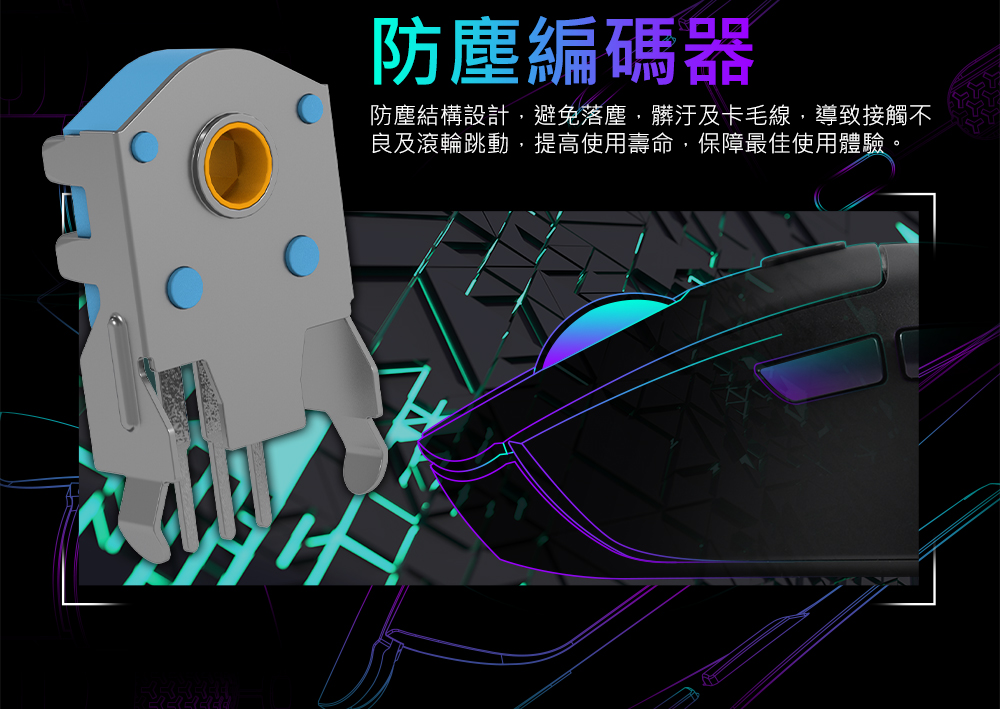防塵編碼器 防塵結構設計,避免落塵,髒汙及卡毛線,導致接觸不 良及滾輪跳動,提高使用壽命,保障最佳使用體驗。 