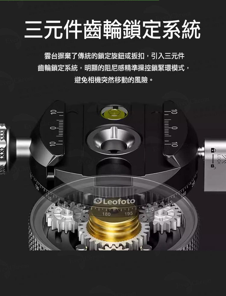 三元件齒輪鎖定系統 雲台摒棄了傳統的鎖定旋鈕或扳扣,引入三元件 齒輪鎖定系統,明顯的阻尼感精準操控鎖緊環模式, 避免相機突然移動的風險。 