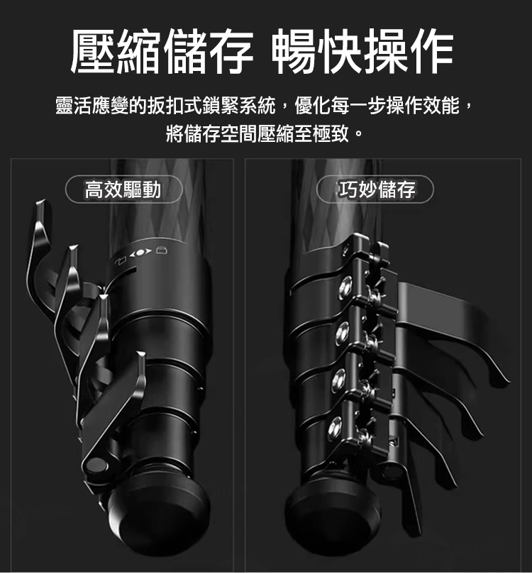 壓縮儲存 暢快操作 靈活應變的扳扣式鎖緊系統,優化每一步操作效能, 將儲存空間壓縮至極致。 高效驅動 巧妙儲存 