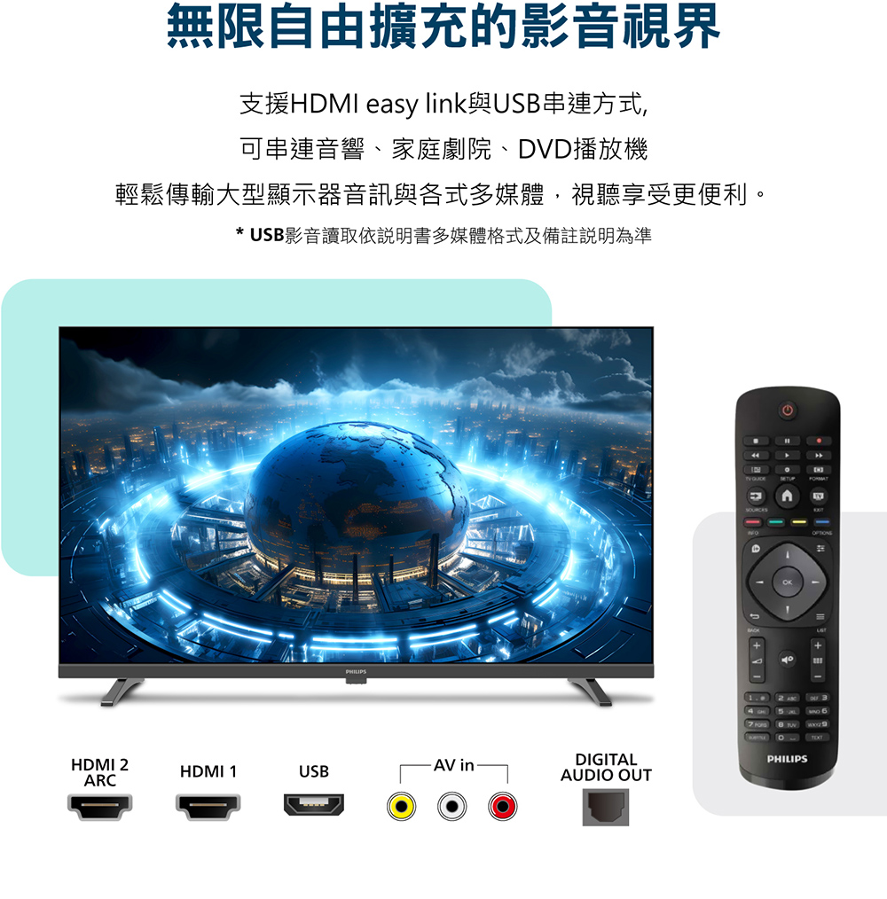 無限自由擴充的影音視界支援HDMI easy link與USB串連方式,可串連音響、家庭劇院、DVD播放機輕鬆傳輸大型顯示器音訊與各式多媒體,視聽享受更便利。*USB影音讀取依說明書多媒體格式及備註說明為準HDMI 2ARCHDMI 1USBPHILIPS-AV inDIGITALAUDI OUT 44O PHILIPS