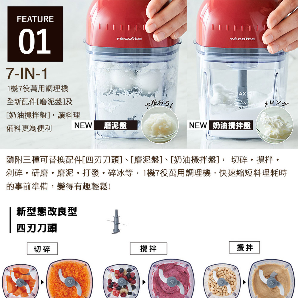 隨附三種可替換配件四刃刀頭、磨泥盤、奶油攪拌盤, 切碎 攪拌