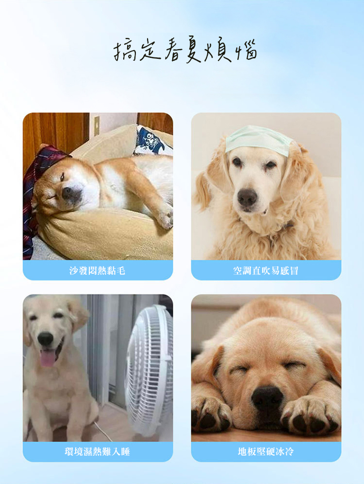 搞定春夏煩惱 沙發悶熱黏毛 空調直吹易感冒 環境濕熱難入睡 地板堅硬冰冷 