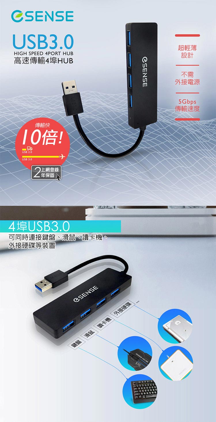 ESENSE 逸盛 高速傳輸4埠USB3.0 HUB-黑評價