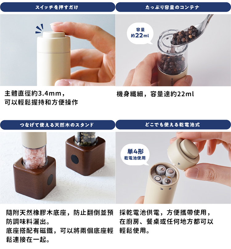 隨附天然橡膠木底座,防止翻倒並預 採乾電池供電,方便攜帶使用,