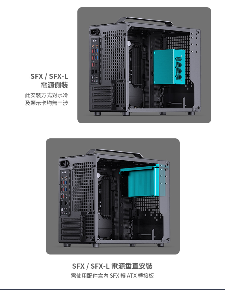 電源側裝 此安裝方式對水冷 及顯示卡均無干涉 SFX  SFXL 電源垂直安裝 需使用配件盒內SFX轉 ATX轉接板 