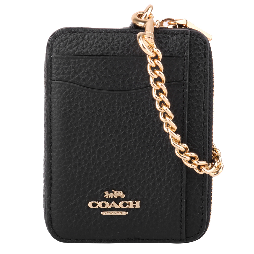 COACH 金屬LOGO 荔枝紋全皮方型卡夾鍊帶零錢包(黑)