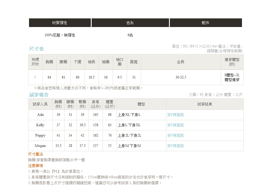 2. 身高體重與尺寸沒有絕對的關係,155cm豐腴與168cm瘦高的女生也許會穿同一個尺寸。