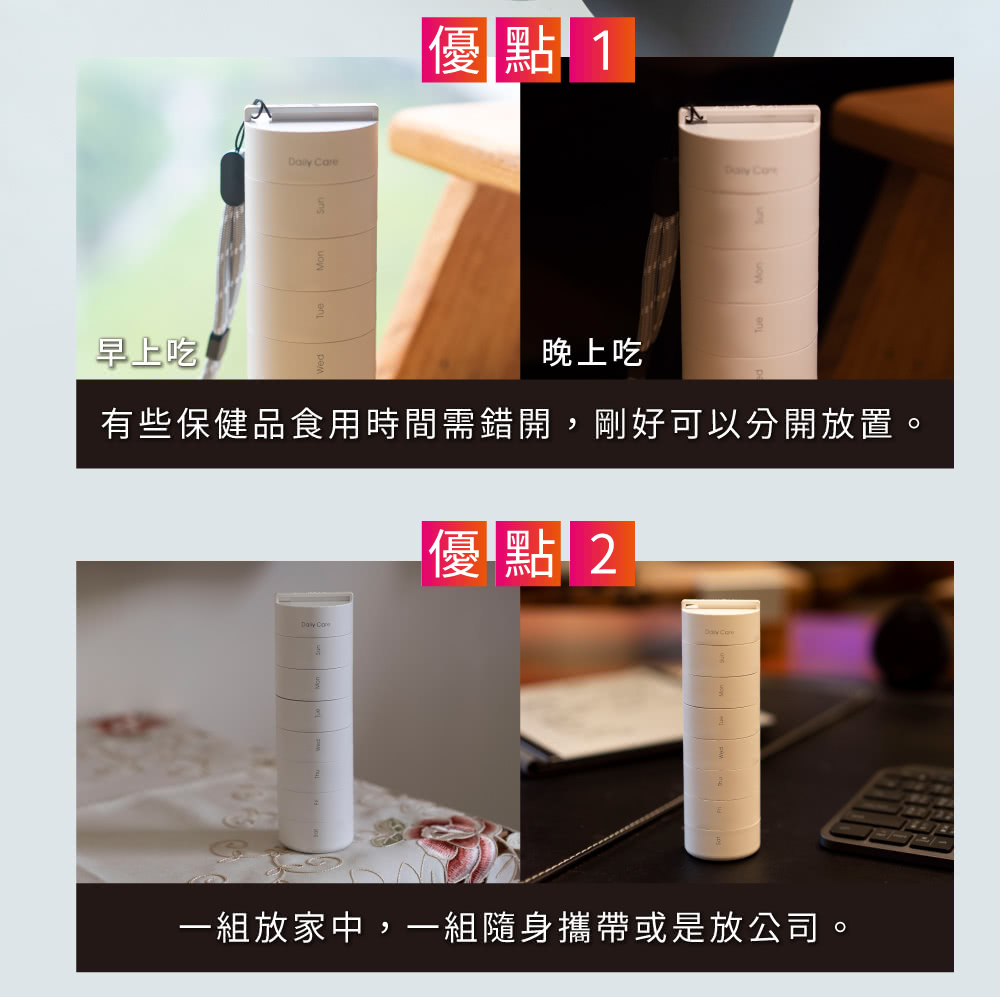 有些保健品食用時間需錯開,剛好可以分開放置。