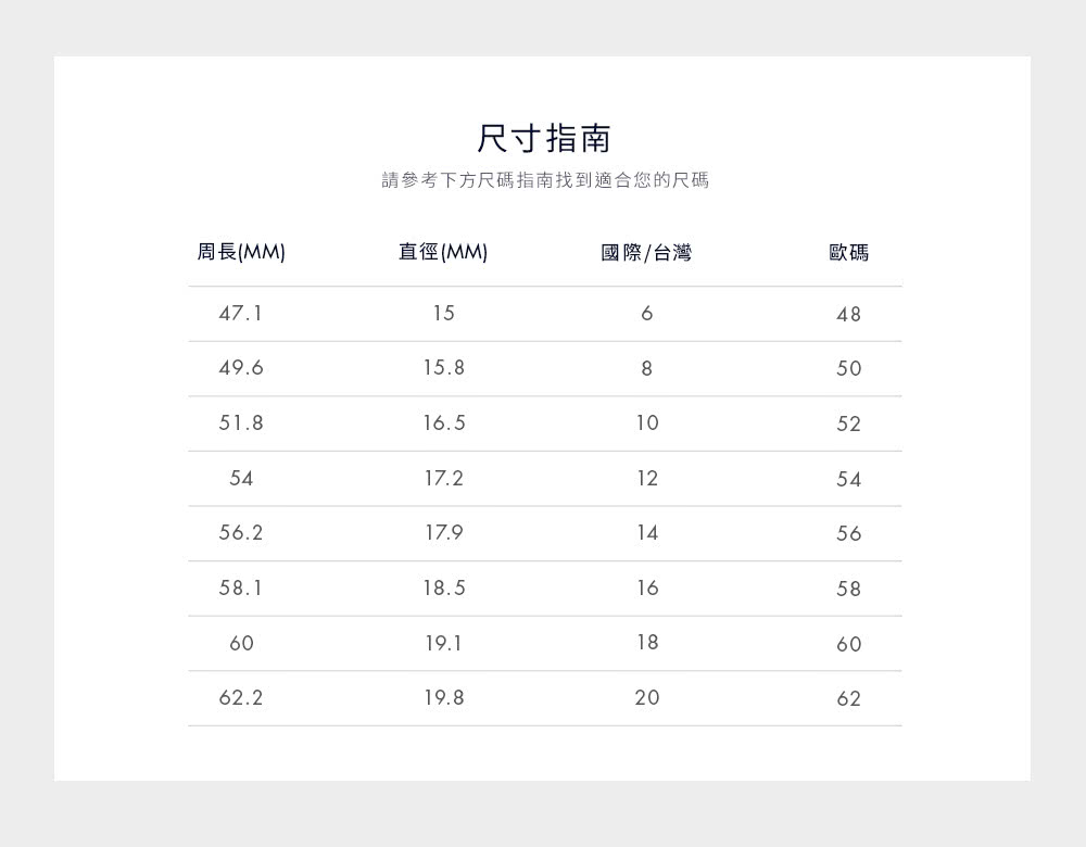 請參考下方尺碼指南找到適合您的尺碼