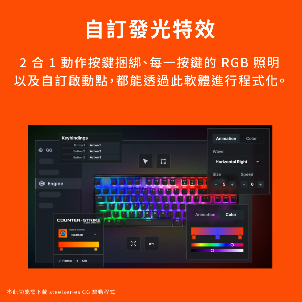自訂發光特效 2合1動作按鍵捆綁、每一按鍵的 RGB 照明 以及自訂啟動點,都能透過此軟體進行程式化。 拘 GG 此功能需下載 steelseries GG 驅動程式 