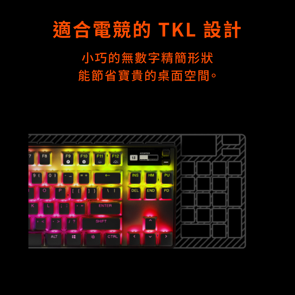 適合電競的 TKL 設計 小巧的無數字精簡形狀 能節省寶貴的桌面空間。 