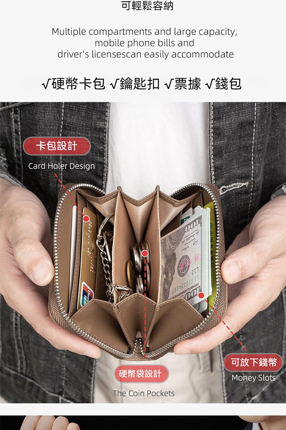 可輕鬆容納 硬幣卡包鑰匙扣票據錢包 卡包設計 硬幣袋設計 可放下錢幣 