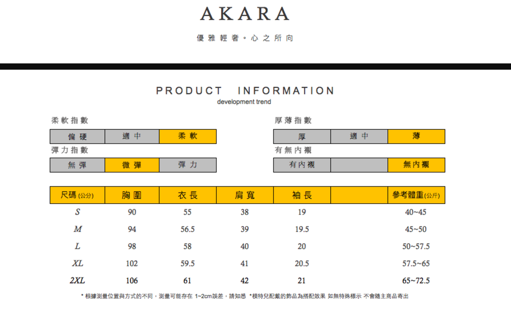 AKARA優雅輕奢。心之所向PRODUCTINFORMATIONdevelopment trend柔軟指數偏硬厚薄指數適中柔軟彈力指數無彈微彈彈力厚適中薄有無有內襯無內襯尺碼(公分)胸圍衣長肩寬袖長參考體重(公斤)9055381940-45M9456.53919.545-50L9858402050-57.5XL10259.54120.557.5-652XL106614221* 根據測量位置與方式的不同,測量可能存在1-2cm誤差,請知悉*模特兒配戴的飾品為搭配效果 如無特殊標示 不會隨主商品寄出