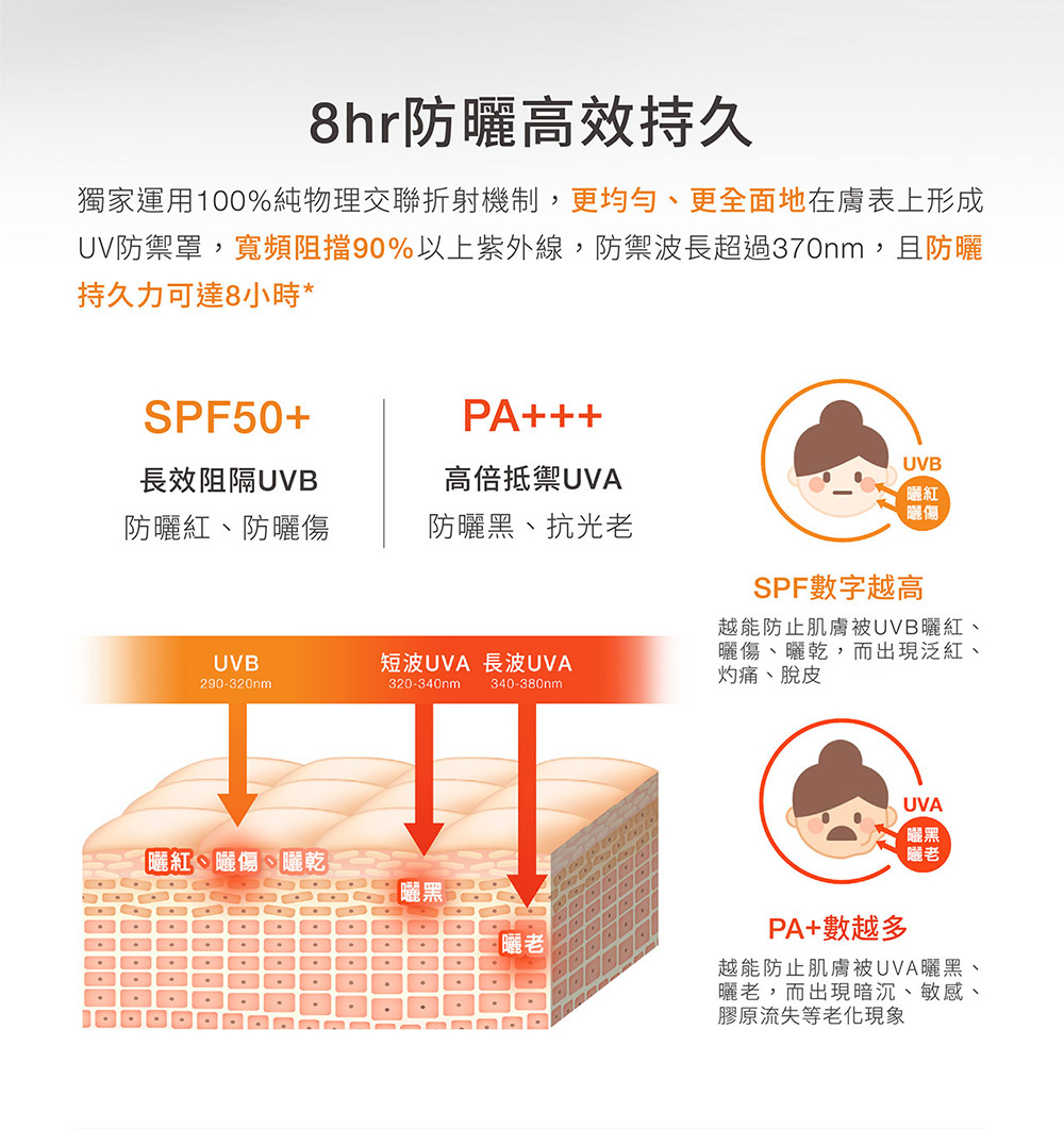 UV防禦罩,寬頻阻擋90%以上紫外線,防禦波長超過370nm,且防曬