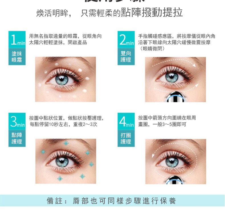 min 沿著下眼線向太陽穴緩慢微震按摩