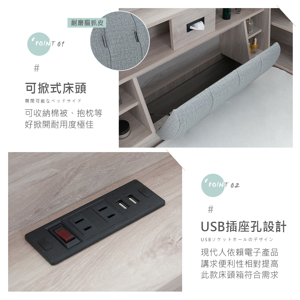 時尚屋 [5V24]帕克斯床箱型3.5尺USB插座三抽加大單