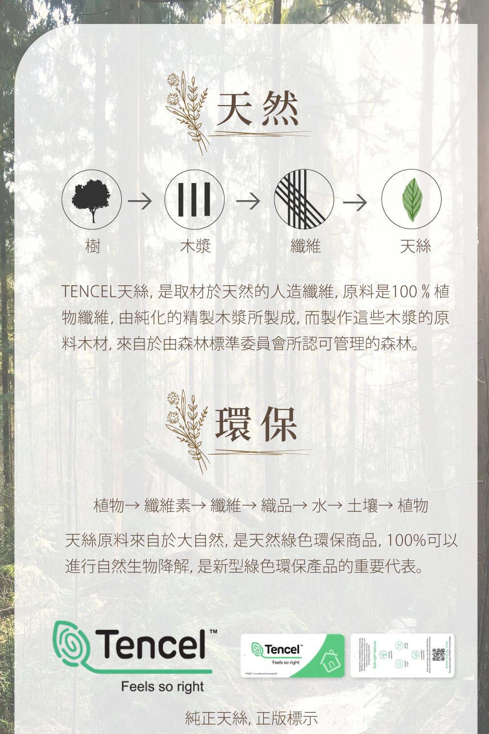 TENCEL天絲,是取材於天然的人造纖維,原料是100%植