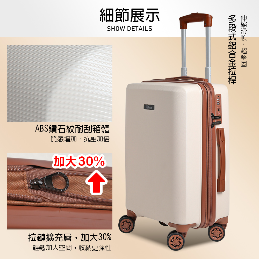 細節展示SHOW DETAILSABS鑽石紋耐刮箱體質感增加抗壓加倍加大30%拉鏈擴充層,加大30%輕鬆加大空間,收納更彈性