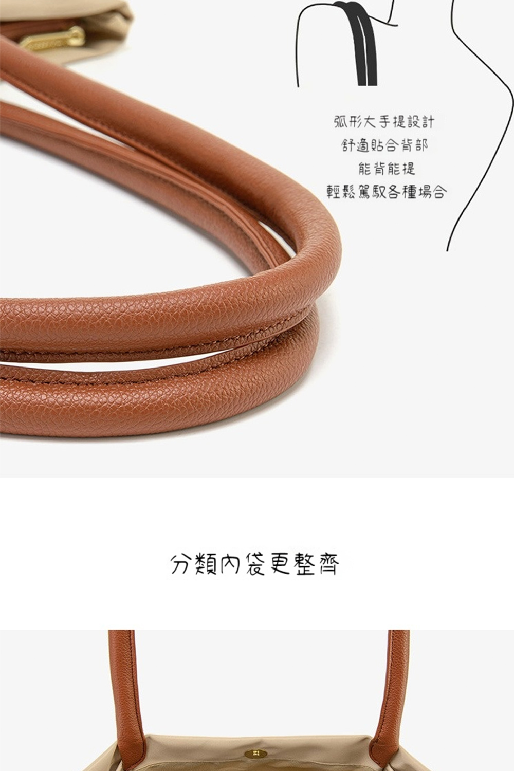 弧形大手提設計 舒適貼合背部 能背能提 輕鬆駕馭各種場合 分類內袋更整齊 